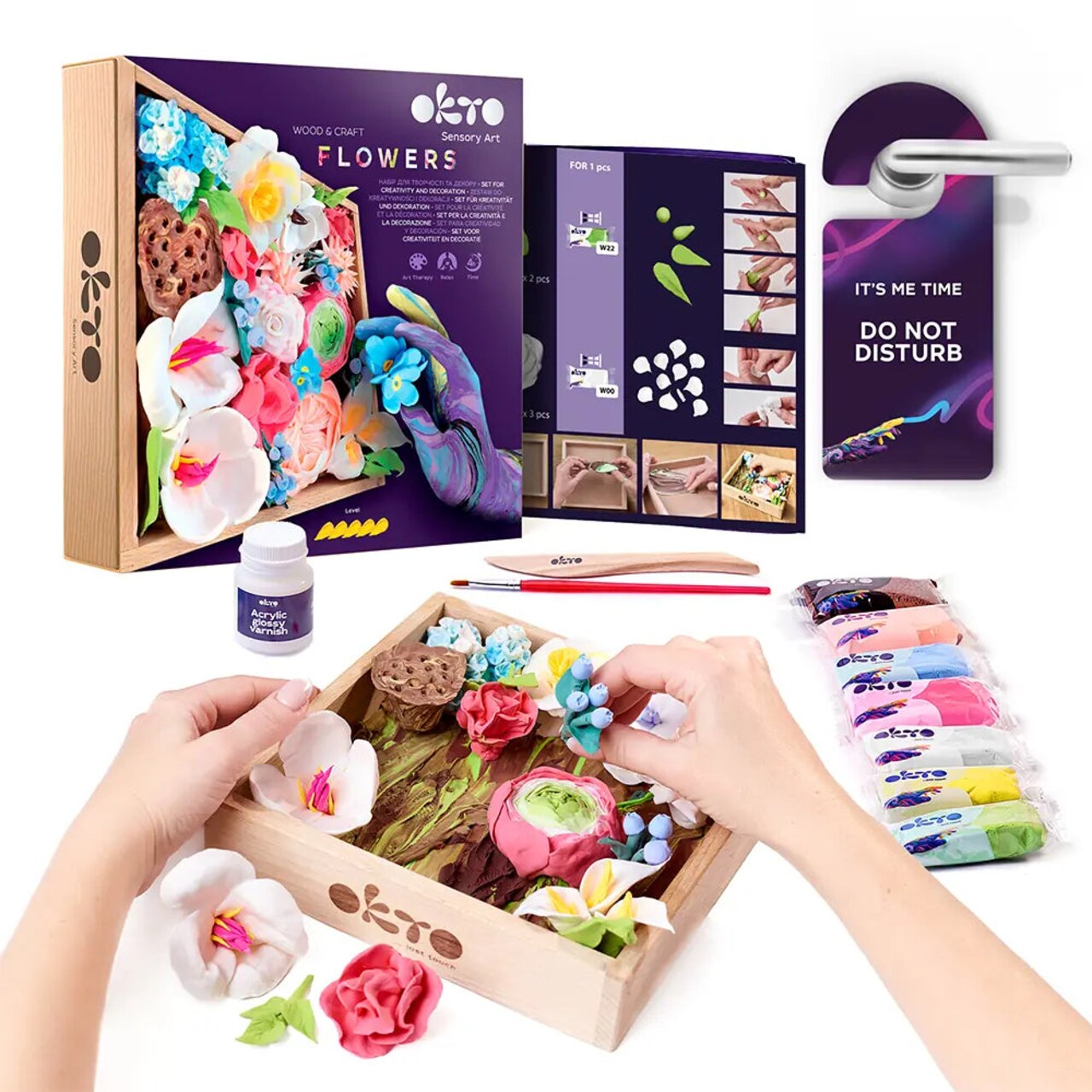 OKTO | DIY 3D Creative Air Dry Clay Modeling Kit | Flowers ROMANCE| Wooden Frame 8.3x8.3 inch